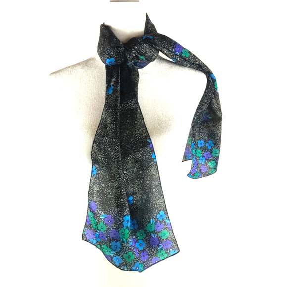 Sarah Coventry Rectangle Scarf 10" X 52" Black Dots Blue Flowers - Picture 2 of 8